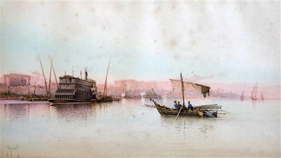 Spyridon Scarvelli (Greek, 1868-1942) Ferry boats at Cairo and Landscape at Ghiseh 11 x 20.5in & 10.5 x 19.5in.